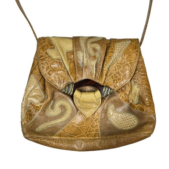 Vintage Sharif Leather Patchwork Shoulder Crossbody Bag Tan Animal Texture - Picture 2 of 7
